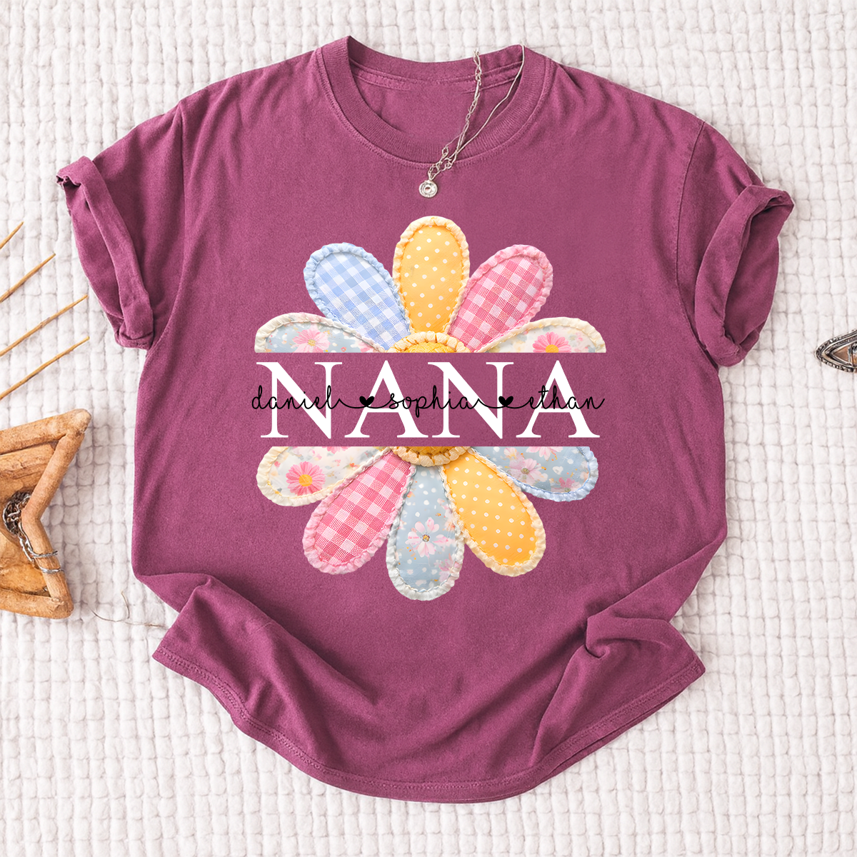 Personalized Nana Shirt with Colorful Patchwork Daisy – Custom Grandma Gift with Grandkids Names