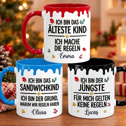 Personalisierte Geschwister-Tasse mit Regeln – Keramiktasse với Wunschname & Farbe (Geschenk für das älteste, mittlere & jüngste Kind) - 1049-de