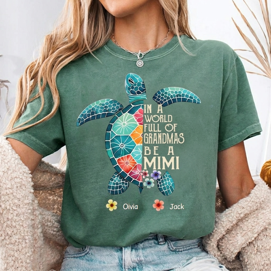 Personalized In A World Full Of Grandmas Be A Mimi Shirt, Boho Floral Sea Turtle (1018)
