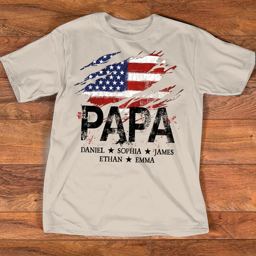 Papa American Flag Shirt, Personalized Papa Tee with Kids Names, Patriotic Dad Shirt, Custom Grandpa Gift, 4th of July Family Shirt