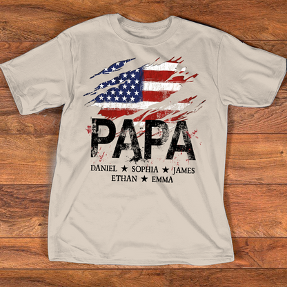 Papa American Flag Shirt, Personalized Papa Tee with Kids Names, Patriotic Dad Shirt, Custom Grandpa Gift, 4th of July Family Shirt