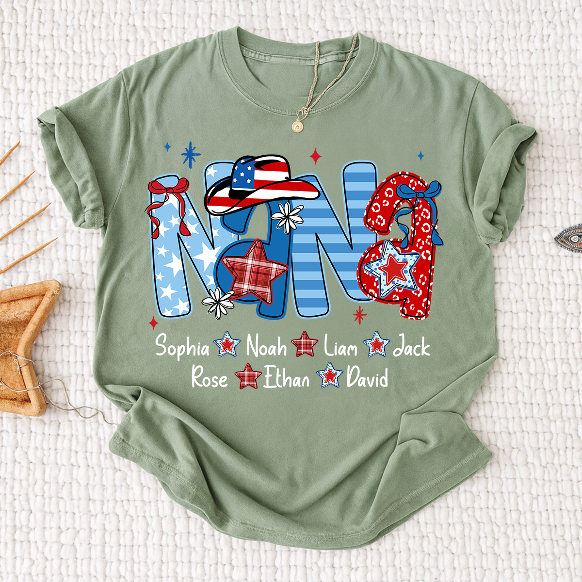 Custom Nana 4th July Independence Day American Flag Shirt For Grandma, Personalized Gift For Grandma And Kids