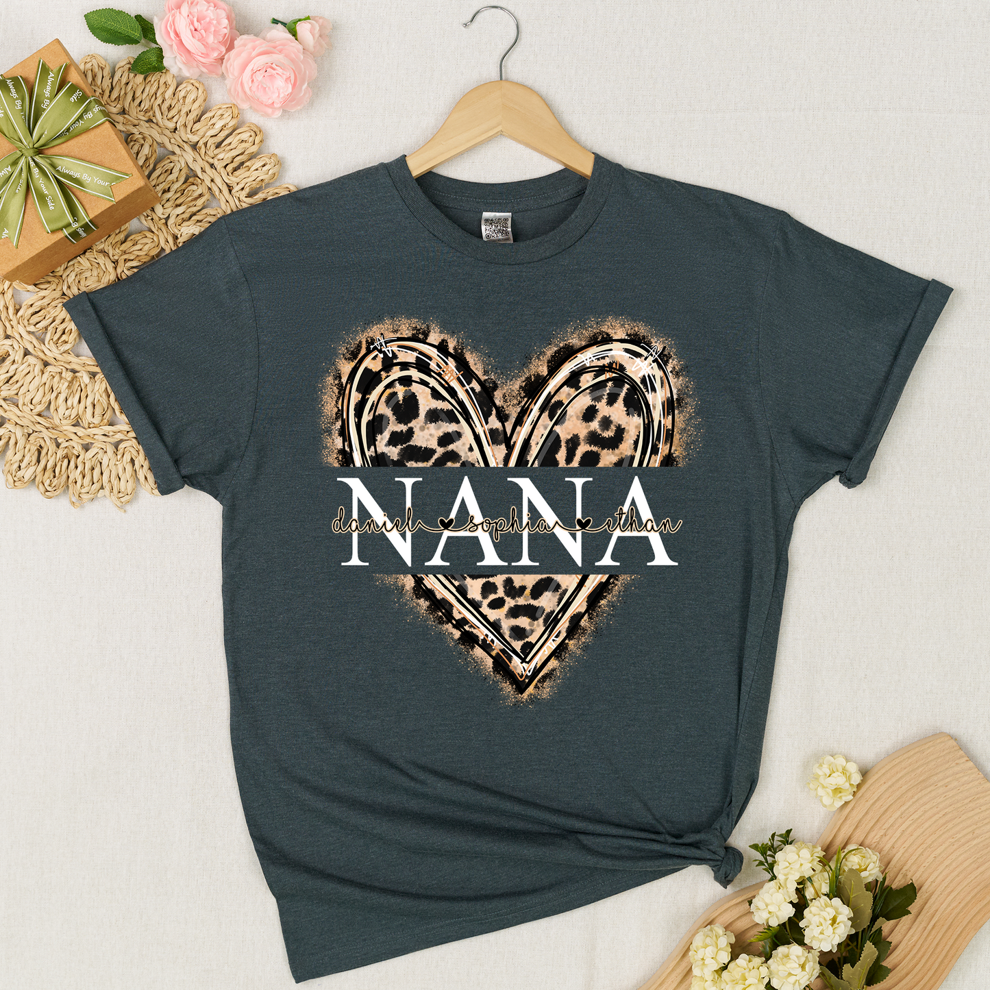 Custom Leopard Heart Nana Shirt – Personalized Gift for Grandma with Grandkids Names