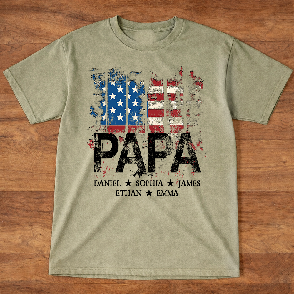 Papa American Flag Shirt With Name, Personalized Dad T Shirt Patriotic Style
