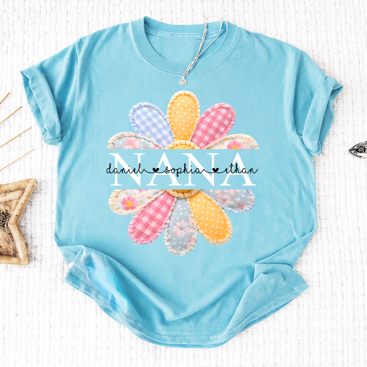 Personalized Nana Shirt with Colorful Patchwork Daisy – Custom Grandma Gift with Grandkids  Names