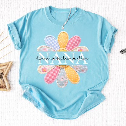 Personalized Nana Shirt with Colorful Patchwork Daisy – Custom Grandma Gift with Grandkids  Names
