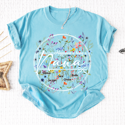 Happiness is Being a Nana - Personalized Floral Shirt with Kids’ Names, Ideal Gift for Nana