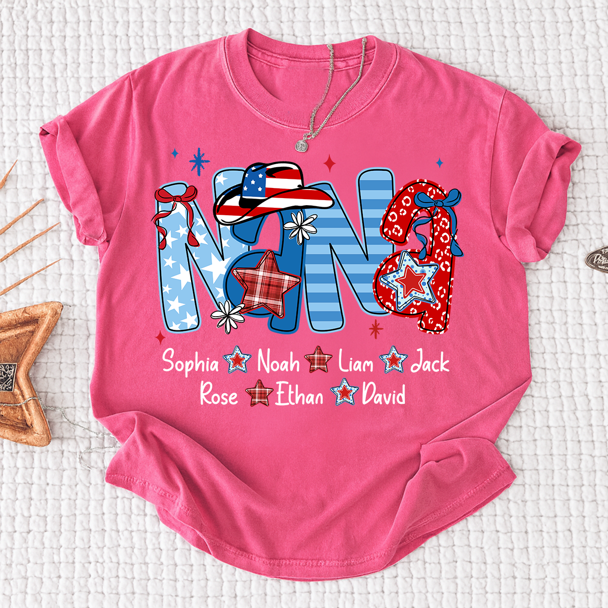 Custom Nana 4th July Independence Day American Flag Shirt For Grandma, Personalized Gift For Grandma And Kids