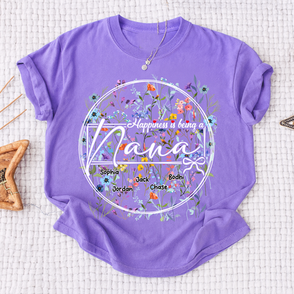 Happiness is Being a Nana - Personalized Floral Shirt with Kids’ Names, Ideal Gift for Nana