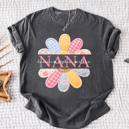 Personalized Nana Shirt with Colorful Patchwork Daisy – Custom Grandma Gift with Grandkids  Names