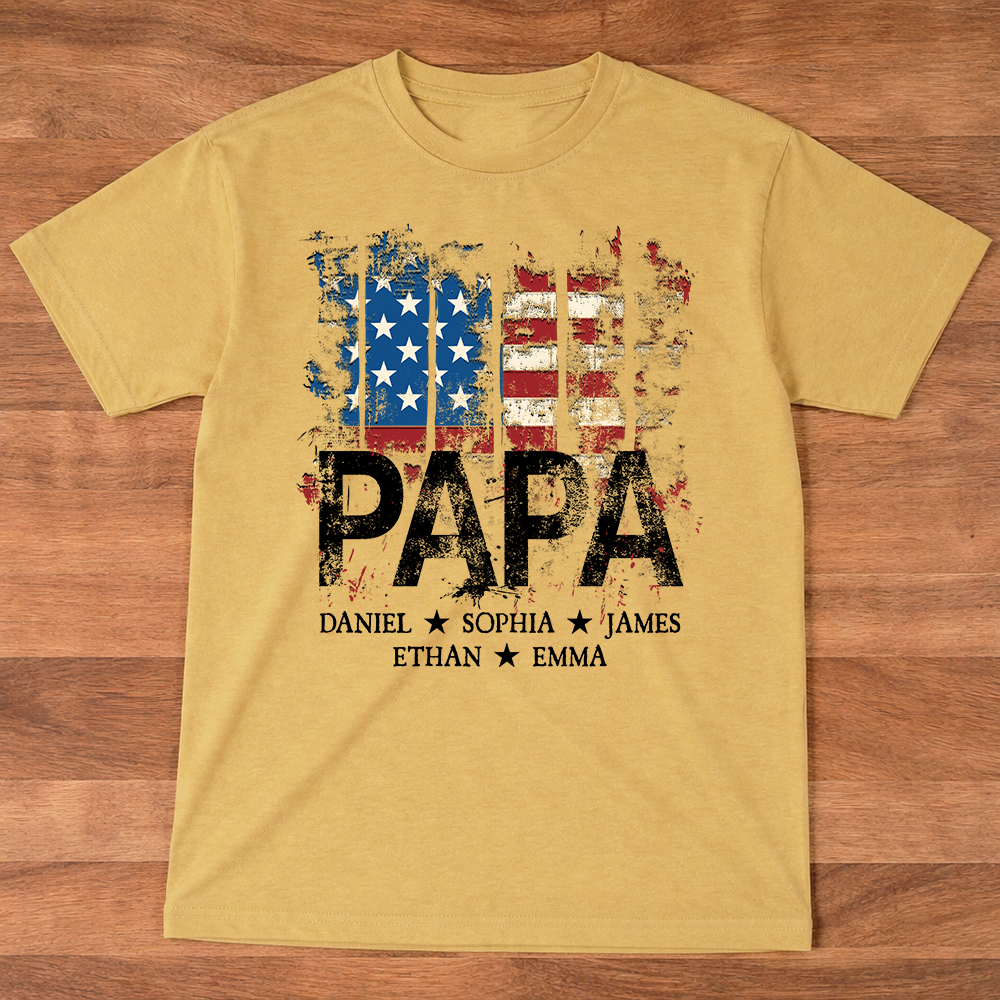 Papa American Flag Shirt With Name, Personalized Dad T Shirt Patriotic Style