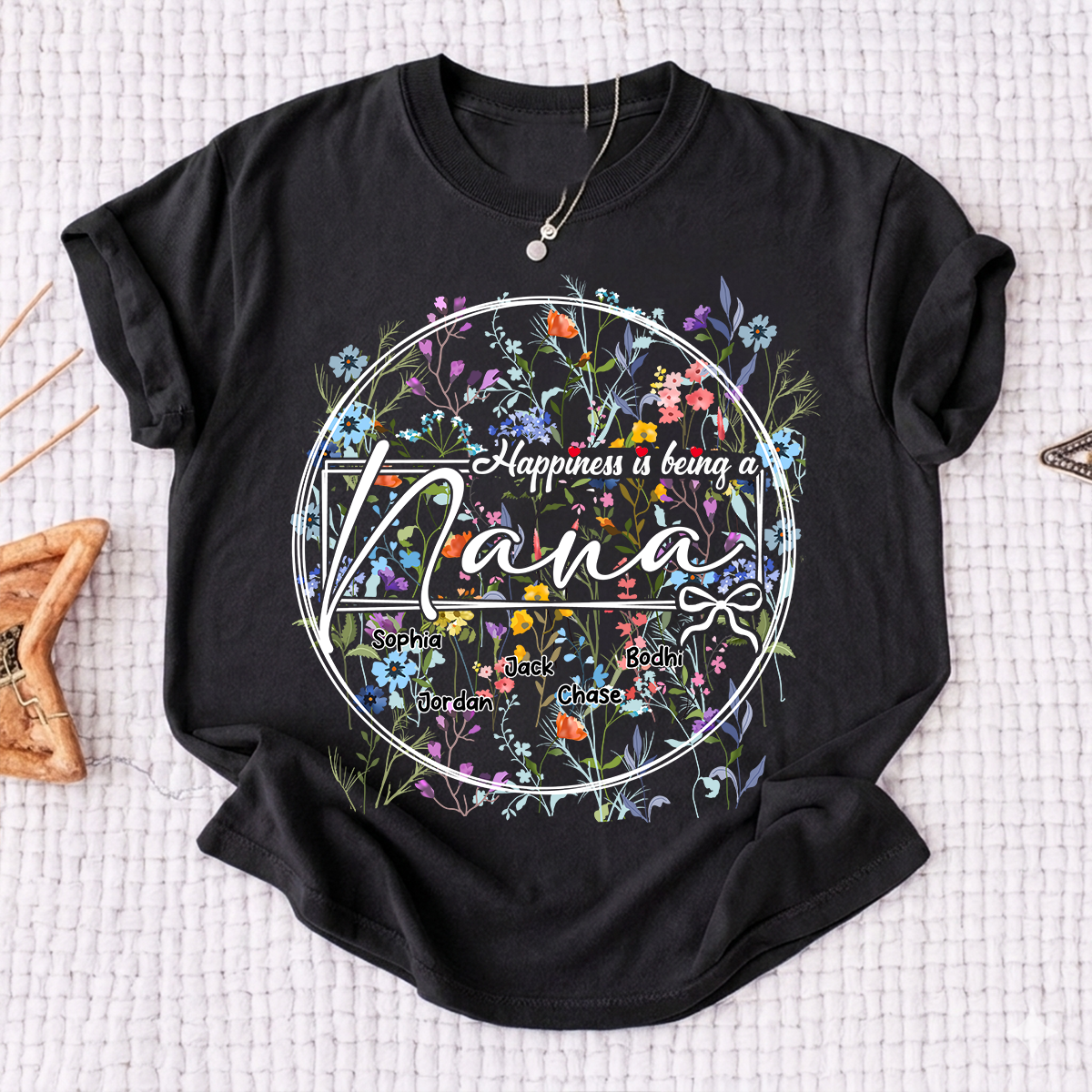 Happiness is Being a Nana - Personalized Floral Shirt with Kids’ Names, Ideal Gift for Nana