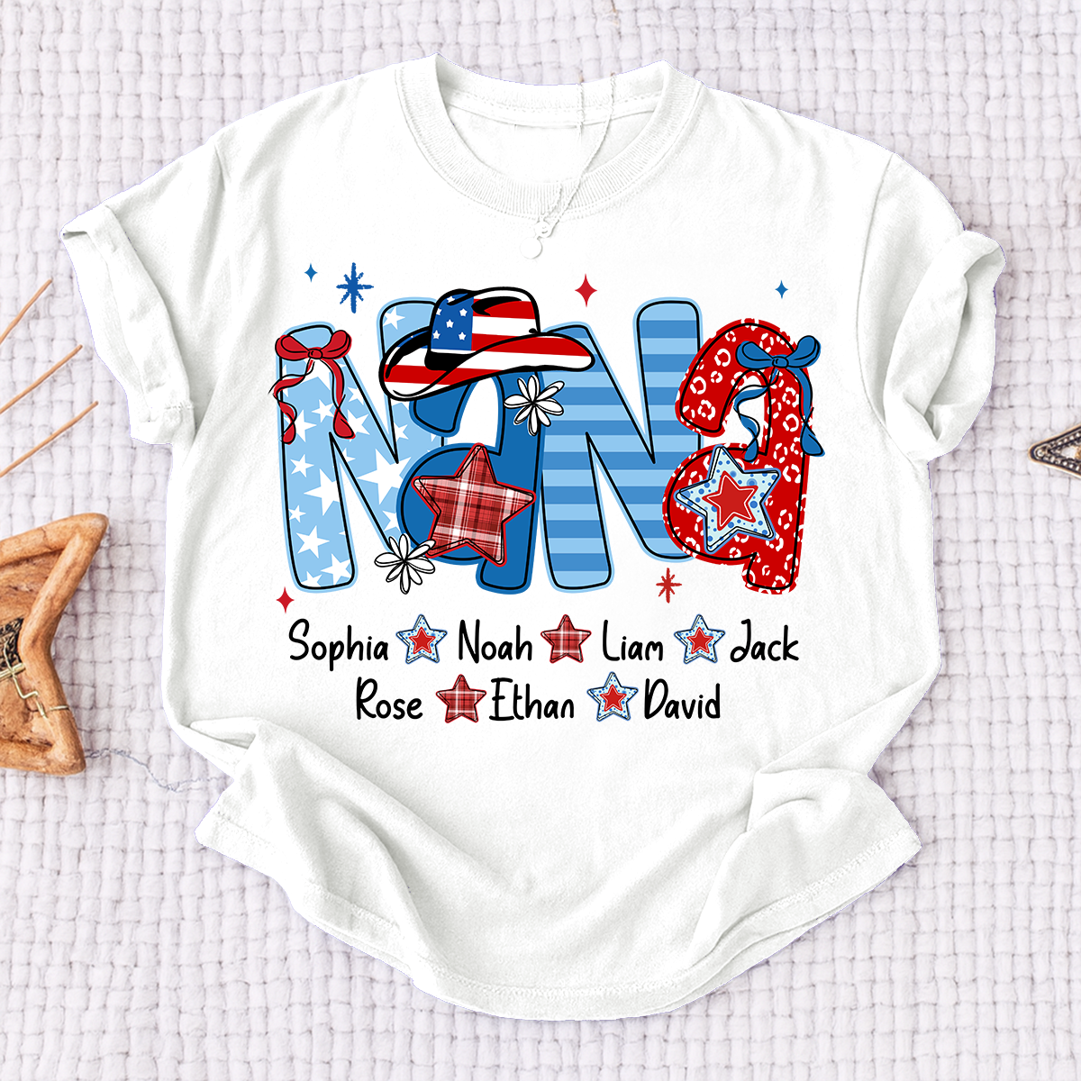 Custom Nana 4th July Independence Day American Flag Shirt For Grandma, Personalized Gift For Grandma And Kids