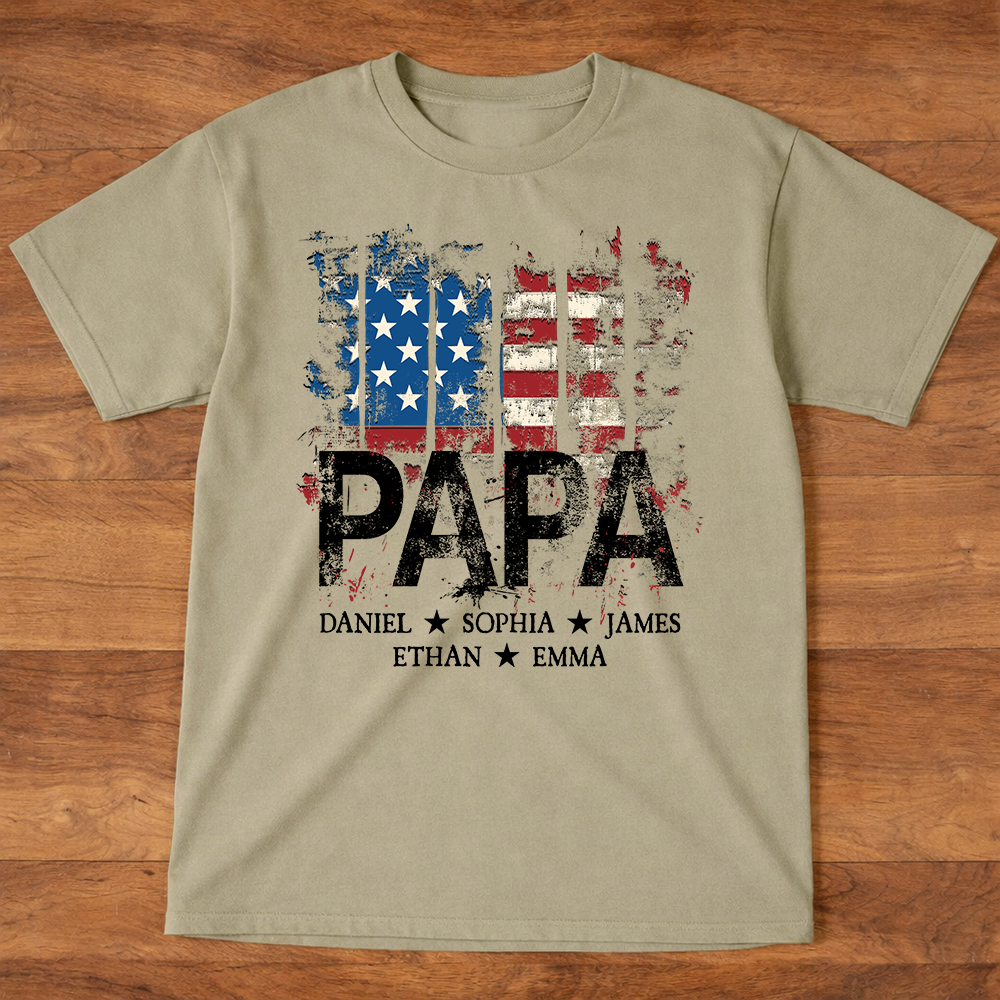Papa American Flag Shirt With Name, Personalized Dad T Shirt Patriotic Style