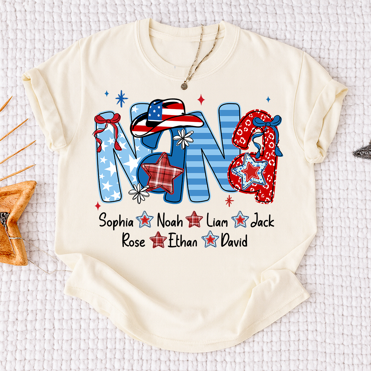 Custom Nana 4th July Independence Day American Flag Shirt For Grandma, Personalized Gift For Grandma And Kids