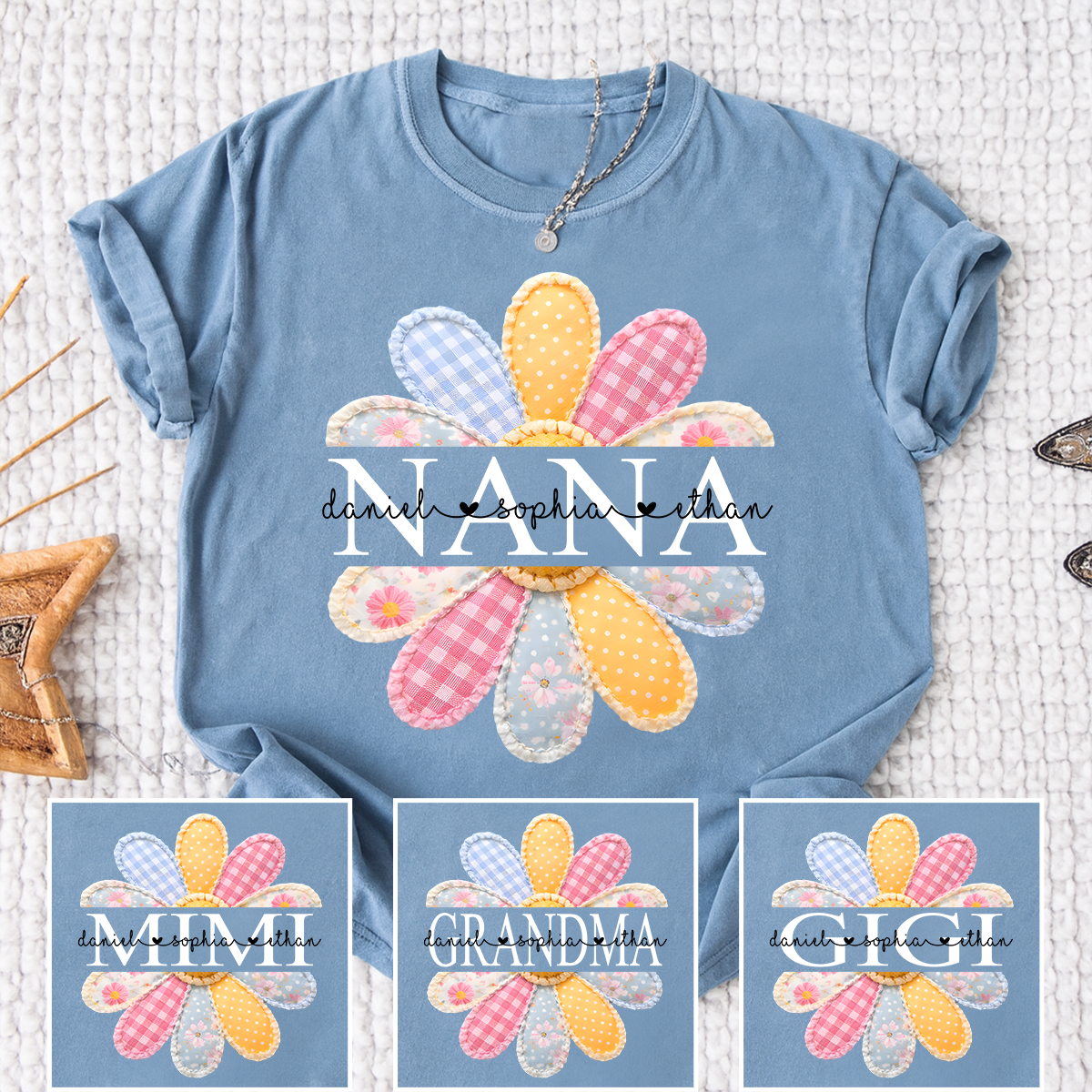 Personalized Nana Shirt with Colorful Patchwork Daisy – Custom Grandma Gift with Grandkids  Names