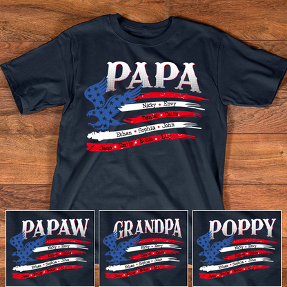 Personalized Papa Shirt with American Flag Eagle, Custom Family Names, Patriotic Gift for Papa