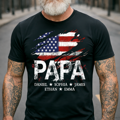 Papa American Flag Shirt, Personalized Papa Tee with Kids Names, Patriotic Dad Shirt, Custom Grandpa Gift, 4th of July Family Shirt