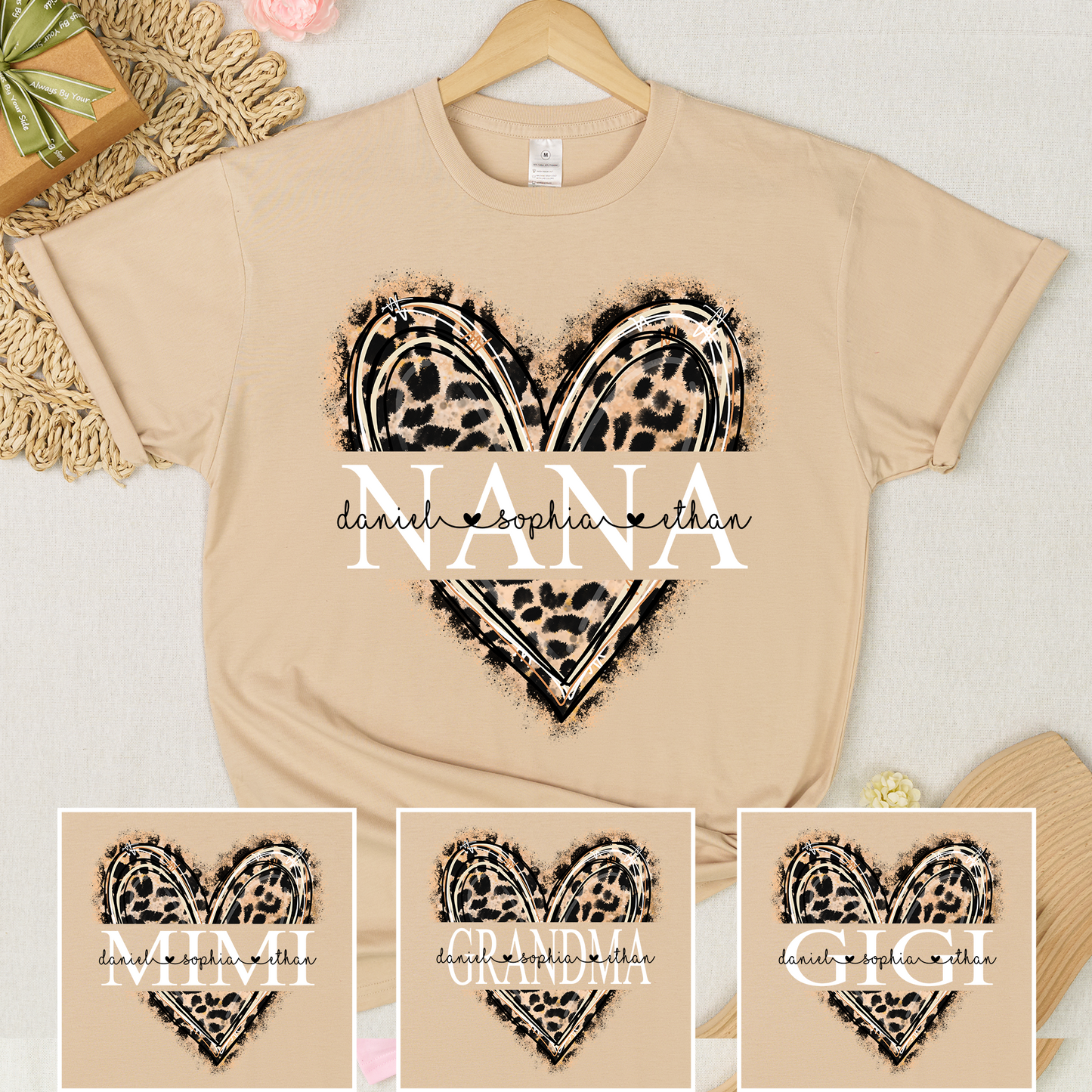 Custom Leopard Heart Nana Shirt – Personalized Gift for Grandma with Grandkids Names