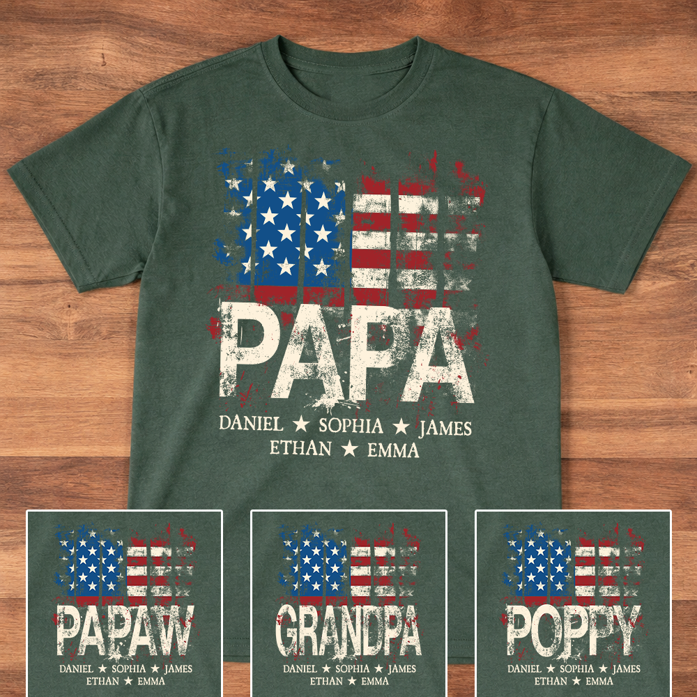 Papa American Flag Shirt With Name, Personalized Dad T Shirt Patriotic Style