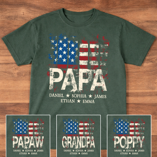 Papa American Flag Shirt With Name, Personalized Dad T Shirt Patriotic Style