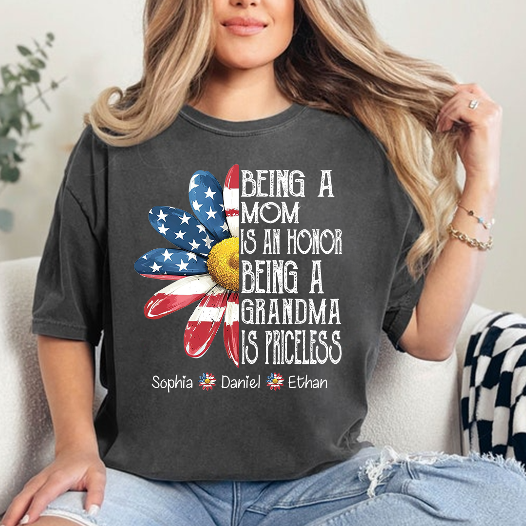 Personalized Grandma T-Shirt, Being a Mom Is an Honor Grandma Is Priceless Patriotic Flower Tee