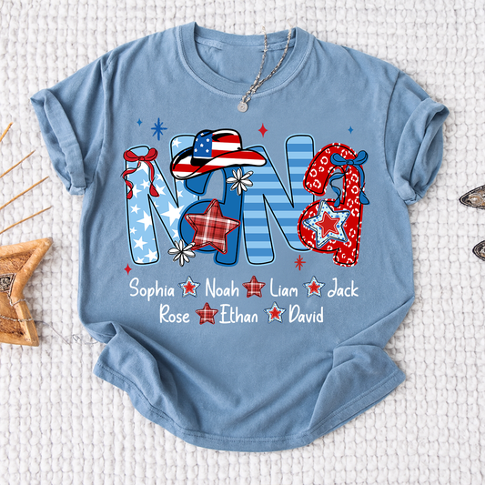 Custom Nana 4th July Independence Day American Flag Shirt For Grandma, Personalized Gift For Grandma And Kids