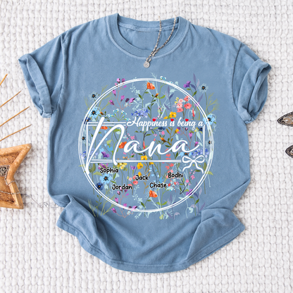 Happiness is Being a Nana - Personalized Floral Shirt with Kids’ Names, Ideal Gift for Nana