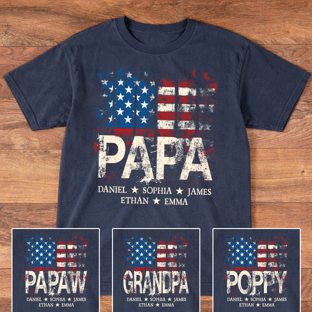 Papa American Flag Shirt With Name, Personalized Dad T Shirt Patriotic Style