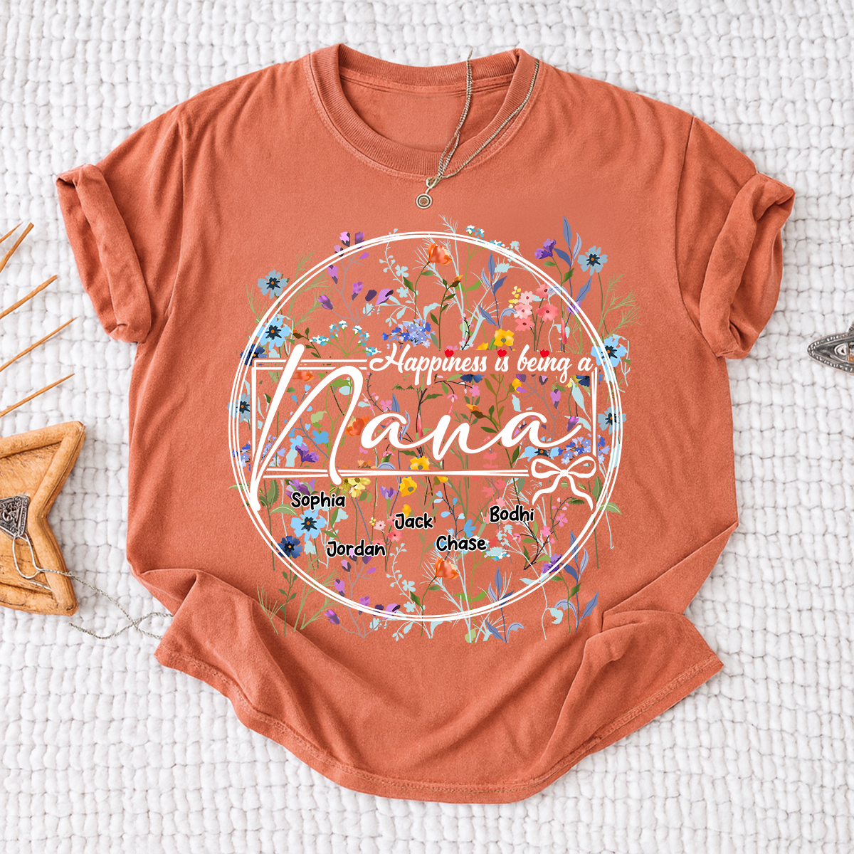 Happiness is Being a Nana - Personalized Floral Shirt with Kids’ Names, Ideal Gift for Nana