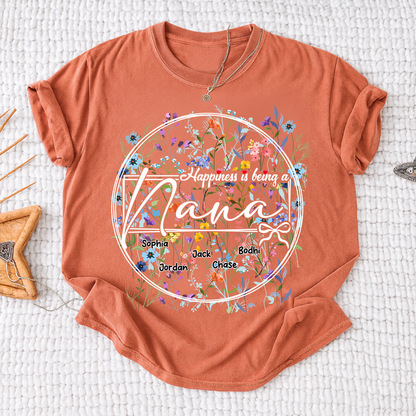 Happiness is Being a Nana - Personalized Floral Shirt with Kids’ Names, Ideal Gift for Nana
