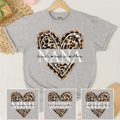 Custom Leopard Heart Nana Shirt – Personalized Gift for Grandma with Grandkids Names