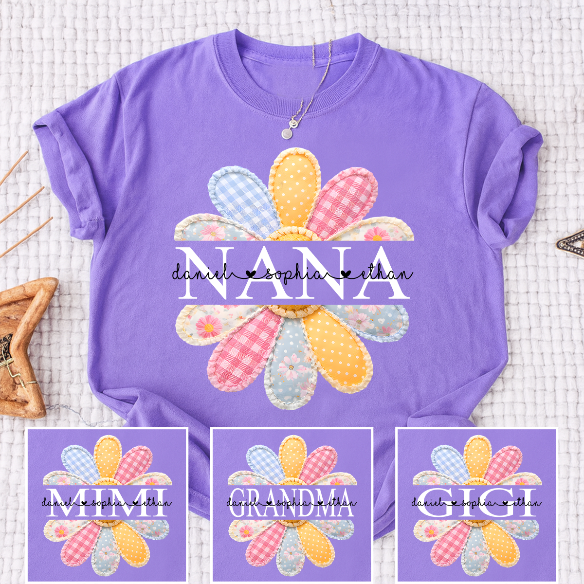 Personalized Nana Shirt with Colorful Patchwork Daisy – Custom Grandma Gift with Grandkids  Names
