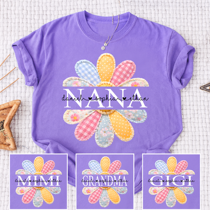 Personalized Nana Shirt with Colorful Patchwork Daisy – Custom Grandma Gift with Grandkids  Names