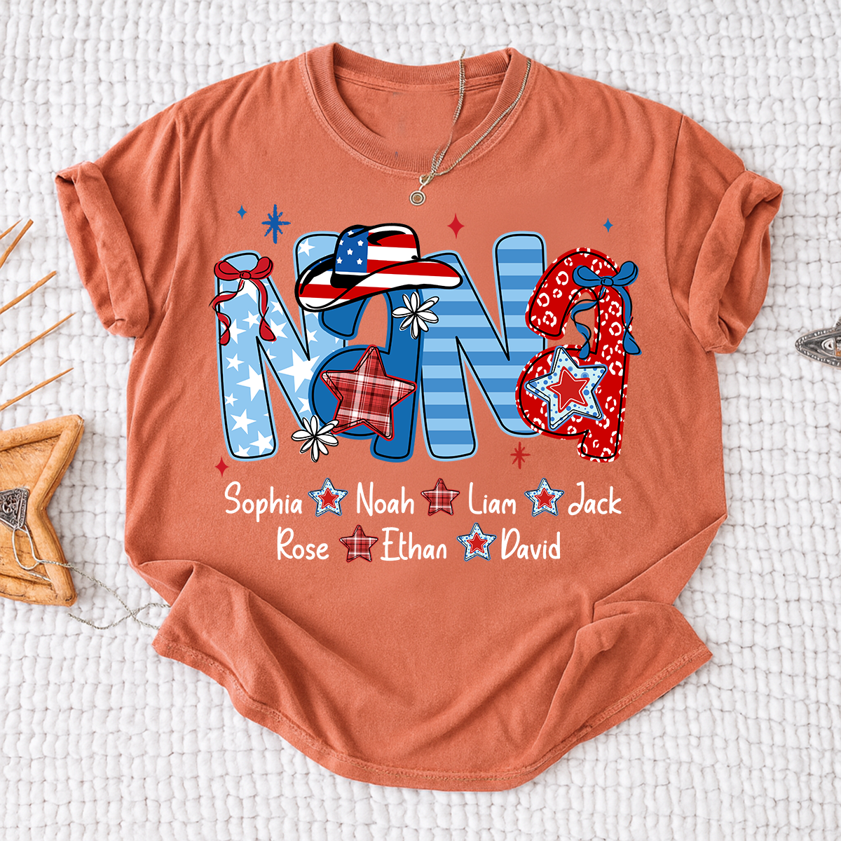 Custom Nana 4th July Independence Day American Flag Shirt For Grandma, Personalized Gift For Grandma And Kids
