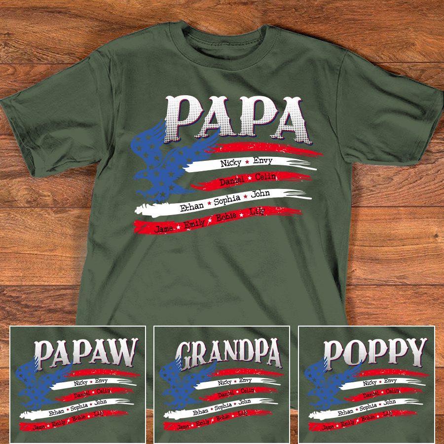 Personalized Papa Shirt with American Flag Eagle, Custom Family Names, Patriotic Gift for Papa