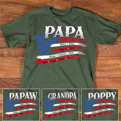 Personalized Papa Shirt with American Flag Eagle, Custom Family Names, Patriotic Gift for Papa