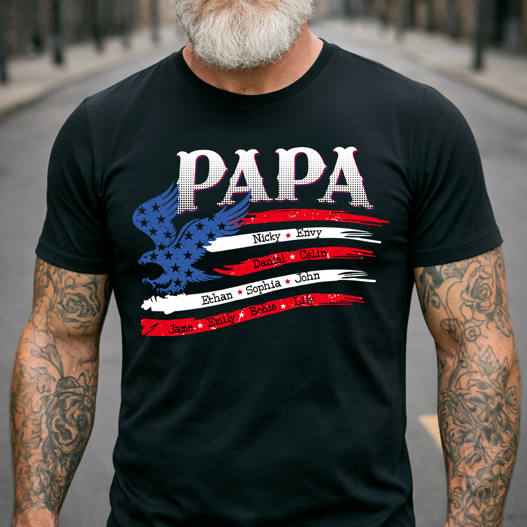 Personalized Papa Shirt with American Flag Eagle, Custom Family Names, Patriotic Gift for Papa