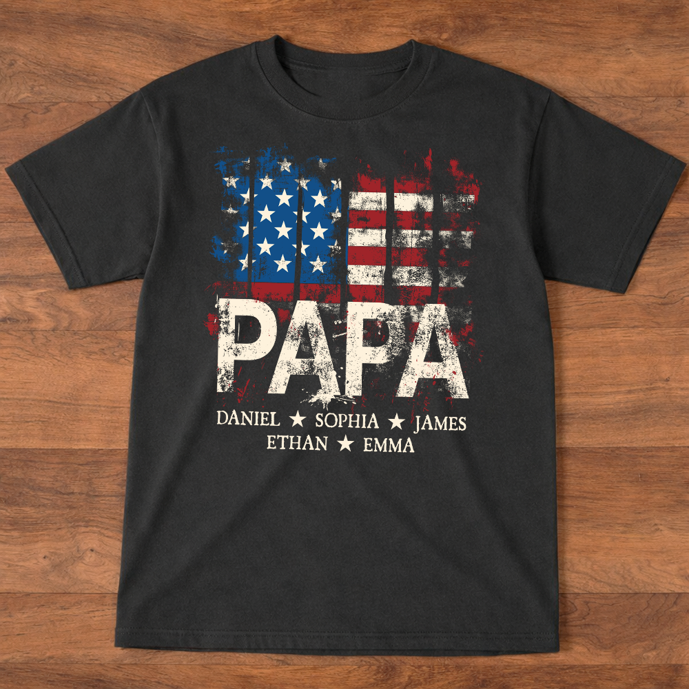 Papa American Flag Shirt With Name, Personalized Dad T Shirt Patriotic Style