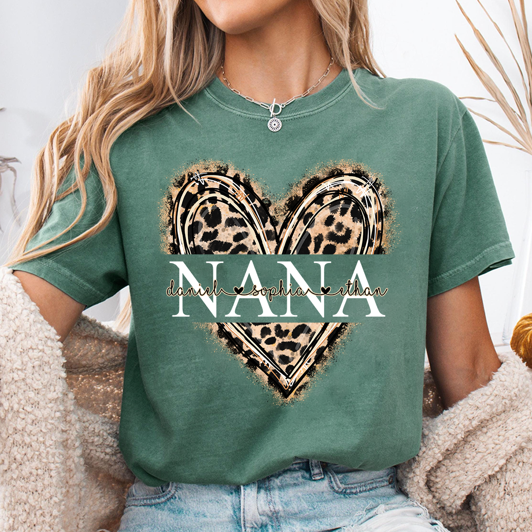 Custom Leopard Heart Nana Shirt – Personalized Gift for Grandma with Grandkids Names