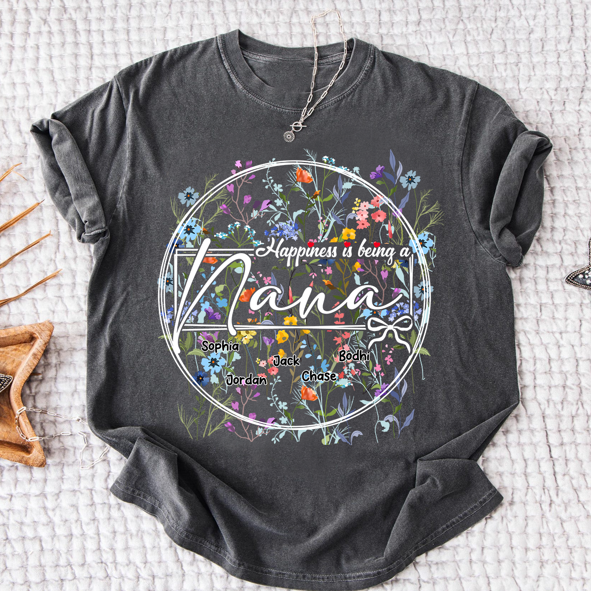 Happiness is Being a Nana - Personalized Floral Shirt with Kids’ Names, Ideal Gift for Nana