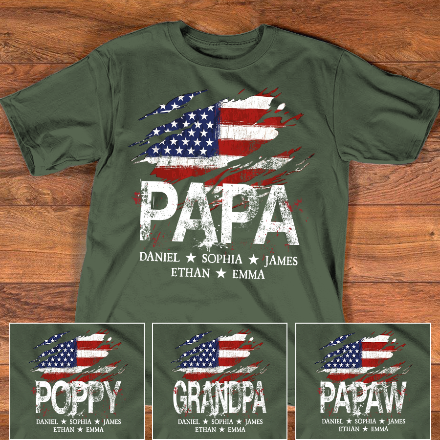 Papa American Flag Shirt, Personalized Papa Tee with Kids Names, Patriotic Dad Shirt, Custom Grandpa Gift, 4th of July Family Shirt