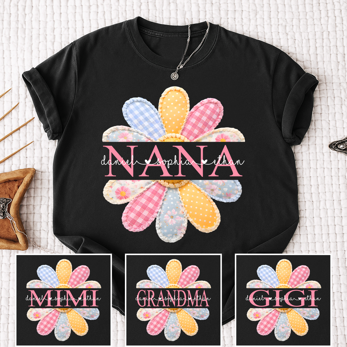 Personalized Nana Shirt with Colorful Patchwork Daisy – Custom Grandma Gift with Grandkids  Names