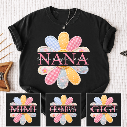 Personalized Nana Shirt with Colorful Patchwork Daisy – Custom Grandma Gift with Grandkids  Names