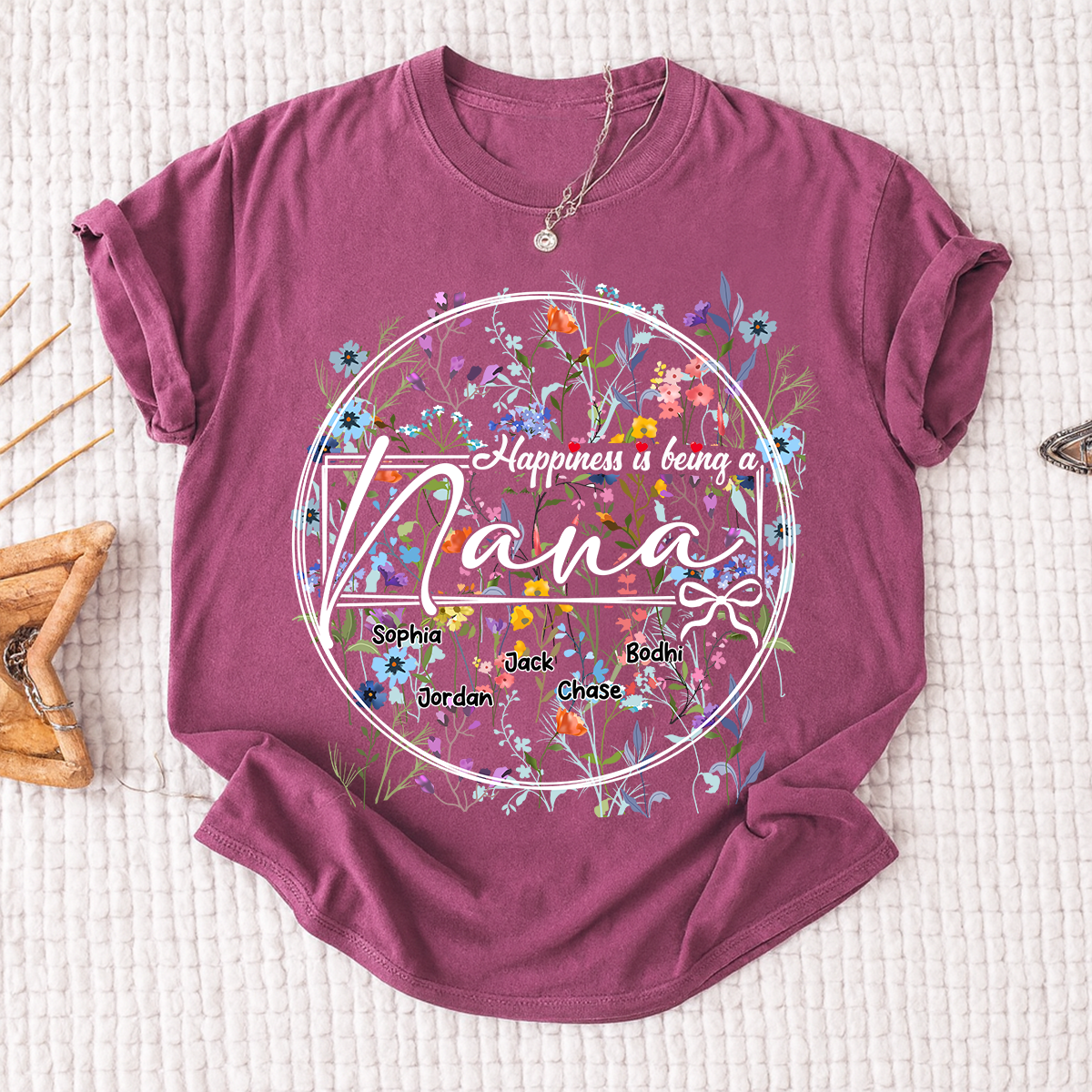 Happiness is Being a Nana - Personalized Floral Shirt with Kids’ Names, Ideal Gift for Nana