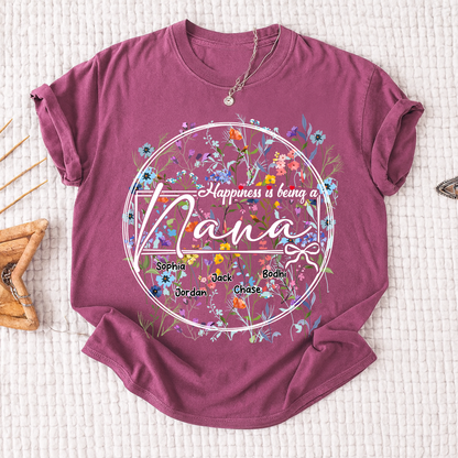 Happiness is Being a Nana - Personalized Floral Shirt with Kids’ Names, Ideal Gift for Nana