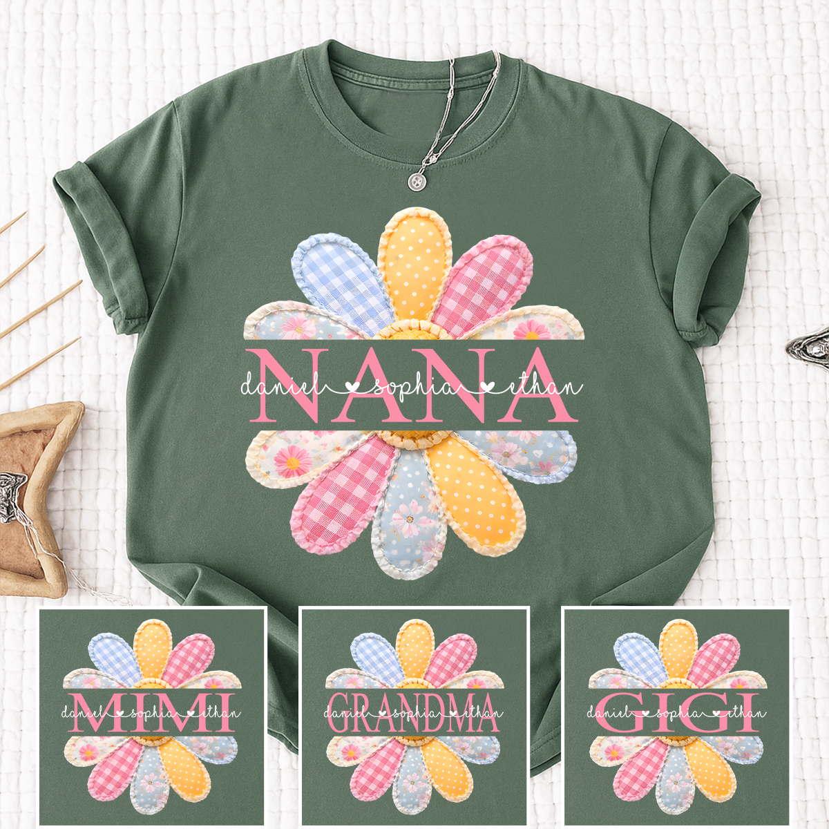 Personalized Nana Shirt with Colorful Patchwork Daisy – Custom Grandma Gift with Grandkids  Names