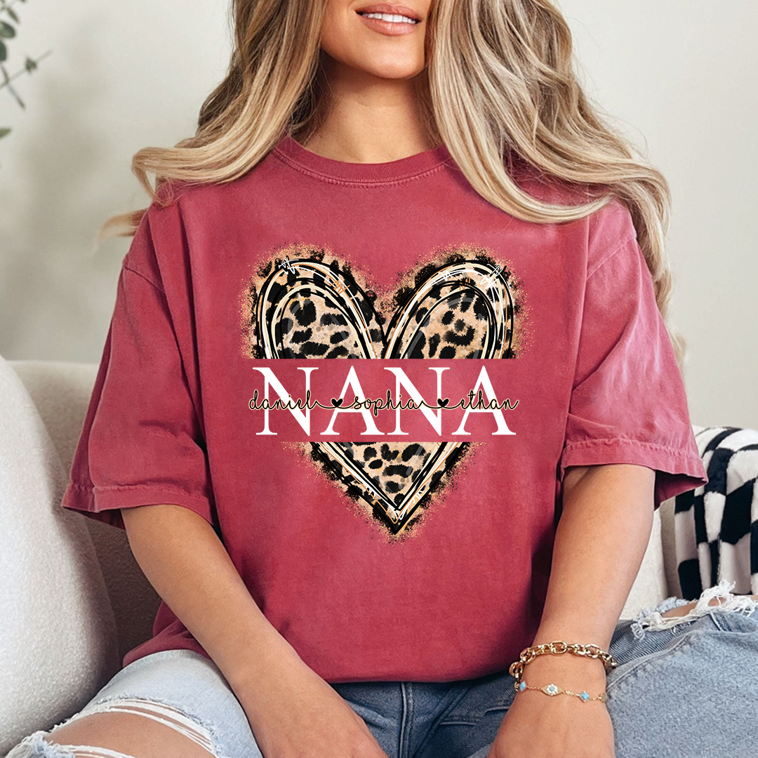 Custom Leopard Heart Nana Shirt – Personalized Gift for Grandma with Grandkids Names