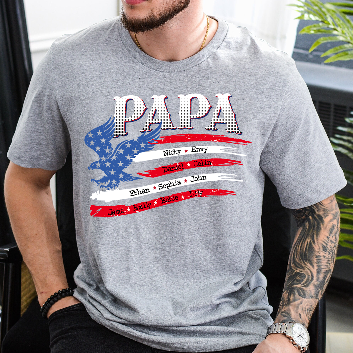 Personalized Papa Shirt with American Flag Eagle, Custom Family Names, Patriotic Gift for Papa