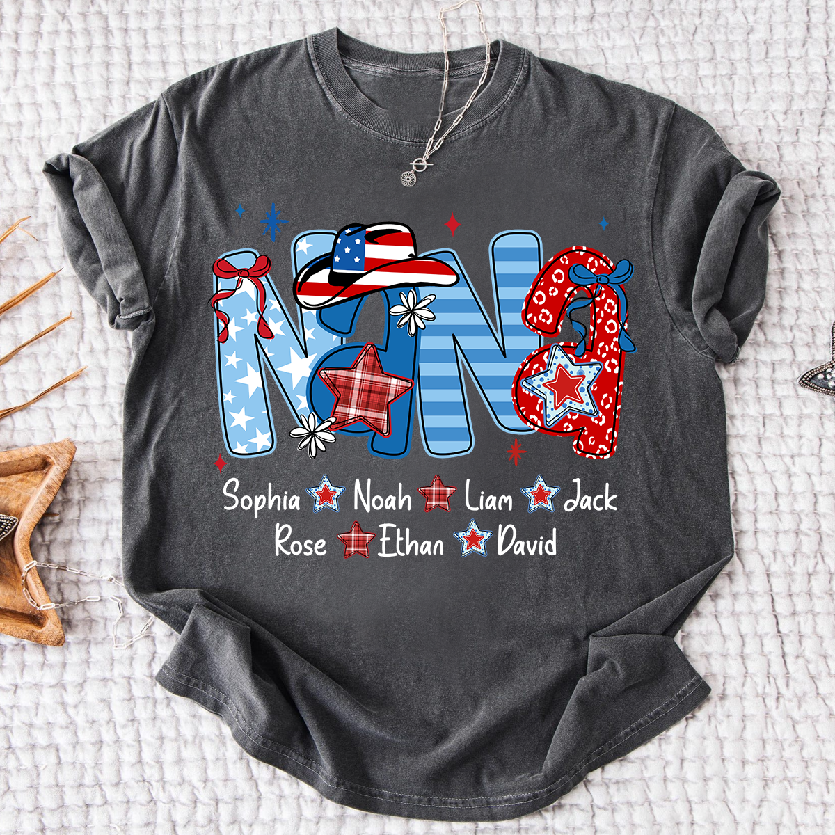 Custom Nana 4th July Independence Day American Flag Shirt For Grandma, Personalized Gift For Grandma And Kids